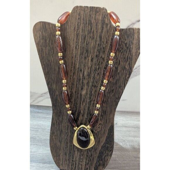 Napier Vintage Gold-Tone Necklace & Pierced Earrings Set Brown Beads Pendant 24" - Picture 2 of 11